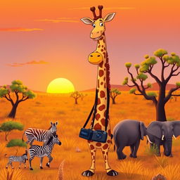 A whimsical scene featuring a tall, cartoon-style giraffe wearing a photographer's outfit, complete with a camera around its neck