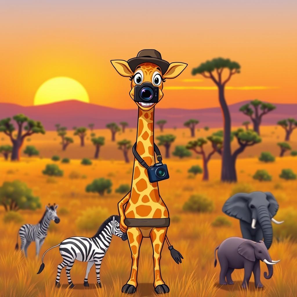 A whimsical scene featuring a tall, cartoon-style giraffe wearing a photographer's outfit, complete with a camera around its neck