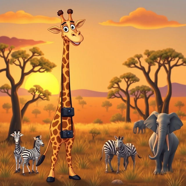 A whimsical scene featuring a tall, cartoon-style giraffe wearing a photographer's outfit, complete with a camera around its neck