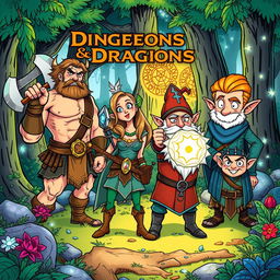 A vibrant and lively Dungeons & Dragons style cartoon scene, showcasing a group of diverse adventurers in a fantasy setting