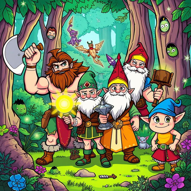 A vibrant and lively Dungeons & Dragons style cartoon scene, showcasing a group of diverse adventurers in a fantasy setting