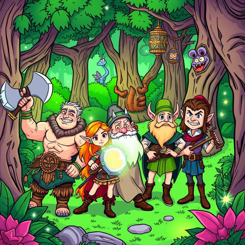 A vibrant and lively Dungeons & Dragons style cartoon scene, showcasing a group of diverse adventurers in a fantasy setting