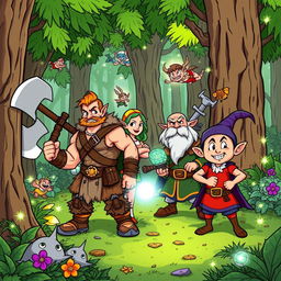 A vibrant and lively Dungeons & Dragons style cartoon scene, showcasing a group of diverse adventurers in a fantasy setting