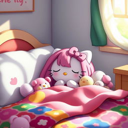 A whimsical scene featuring Hello Kitty, a beloved character known for her cuteness, with long, vibrant hair, peacefully sleeping on a cozy bed