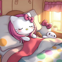 A whimsical scene featuring Hello Kitty, a beloved character known for her cuteness, with long, vibrant hair, peacefully sleeping on a cozy bed