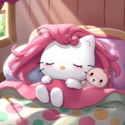 A whimsical scene featuring Hello Kitty, a beloved character known for her cuteness, with long, vibrant hair, peacefully sleeping on a cozy bed