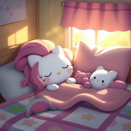 A whimsical scene featuring Hello Kitty, a beloved character known for her cuteness, with long, vibrant hair, peacefully sleeping on a cozy bed