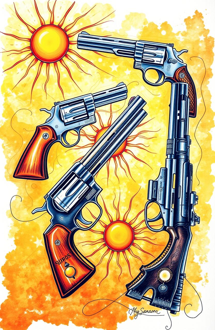 A collection of artistic drawings featuring guns juxtaposed with sun imagery, creating a striking contrast between violence and warmth