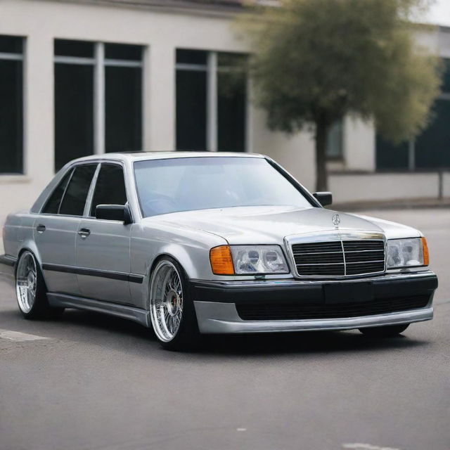 A Mercedes Benz W124 with a sleek widebody modification, shining under clear daylight.