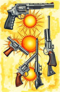 A collection of artistic drawings featuring guns juxtaposed with sun imagery, creating a striking contrast between violence and warmth