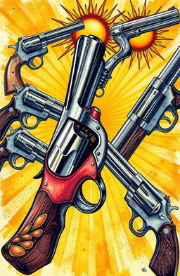 A collection of artistic drawings featuring guns juxtaposed with sun imagery, creating a striking contrast between violence and warmth