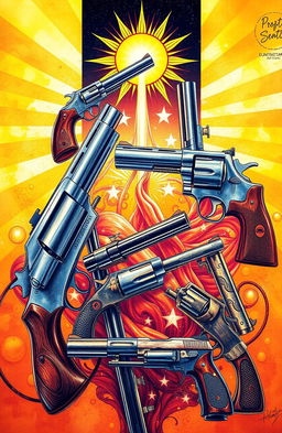 A collection of artistic drawings featuring guns juxtaposed with sun imagery, creating a striking contrast between violence and warmth