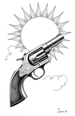 Aesthetic black and white drawings of a vintage revolver and a radiant sun