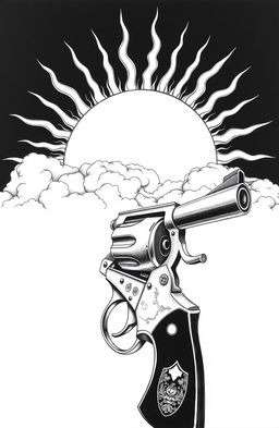 Aesthetic black and white drawings of a vintage revolver and a radiant sun