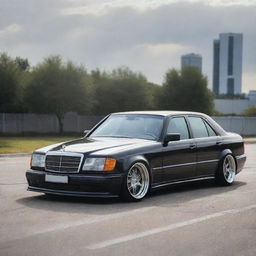 A Mercedes Benz W124 with a sleek widebody modification, shining under clear daylight.