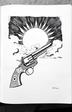 Aesthetic black and white drawings of a vintage revolver and a radiant sun