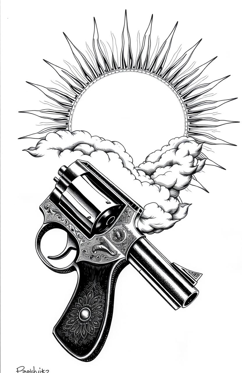 Aesthetic black and white drawings of a vintage revolver and a radiant sun