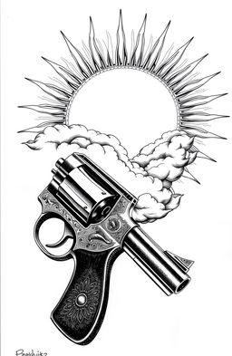 Aesthetic black and white drawings of a vintage revolver and a radiant sun