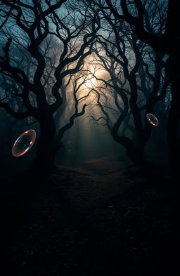 A mysterious forest scene at dusk, where the shadows of twisted trees stretch across the ground, creating intricate patterns