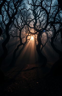 A mysterious forest scene at dusk, where the shadows of twisted trees stretch across the ground, creating intricate patterns