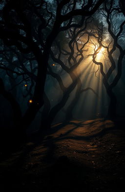 A mysterious forest scene at dusk, where the shadows of twisted trees stretch across the ground, creating intricate patterns