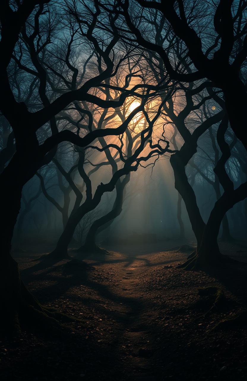 A mysterious forest scene at dusk, where the shadows of twisted trees stretch across the ground, creating intricate patterns