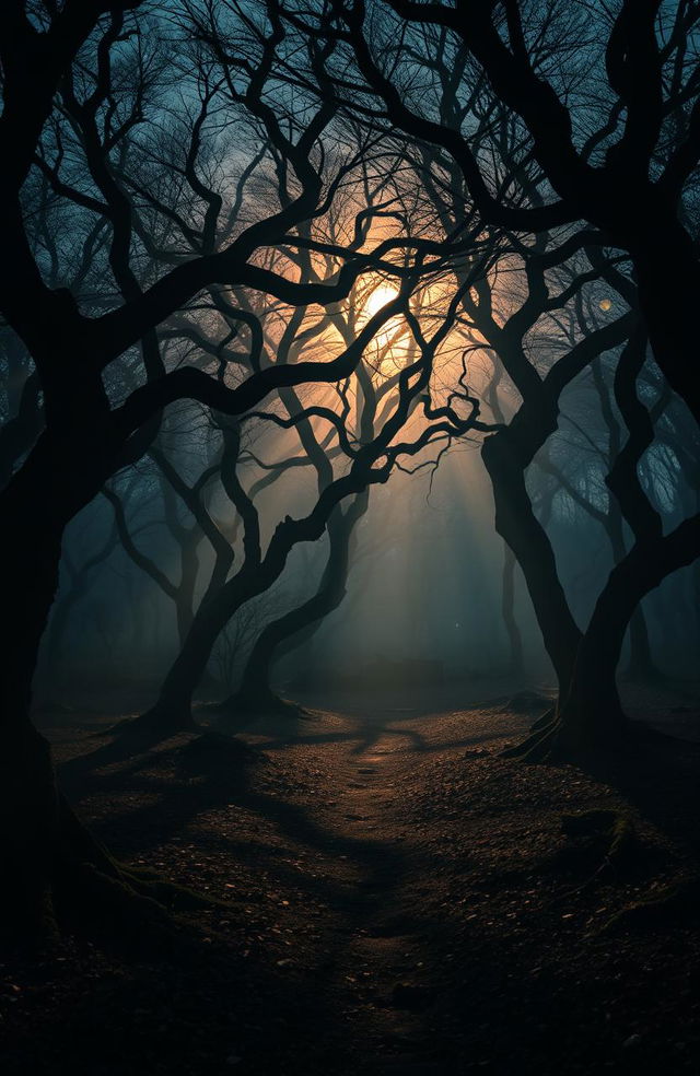 A mysterious forest scene at dusk, where the shadows of twisted trees stretch across the ground, creating intricate patterns