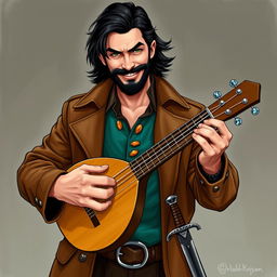 An attractive human bard with medium length thick black hair and a medium length thick black beard and moustache, hazel green eyes shining with mischief, displaying a wry smile