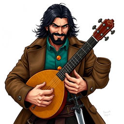 An attractive human bard with medium length thick black hair and a medium length thick black beard and moustache, hazel green eyes shining with mischief, displaying a wry smile