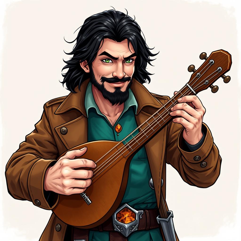 An attractive human bard with medium length thick black hair and a medium length thick black beard and moustache, hazel green eyes shining with mischief, displaying a wry smile