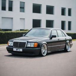 A Mercedes Benz W124 with a sleek widebody modification, shining under clear daylight.