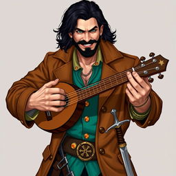 An attractive human bard with medium length thick black hair and a medium length thick black beard and moustache, hazel green eyes shining with mischief, displaying a wry smile