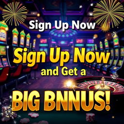 An engaging and eye-catching casino promotional graphic that boldly states 'Sign Up Now and Get a Big Bonus!' The design features a glamorous casino backdrop filled with exciting elements such as brightly lit slot machines, a roulette wheel, and glimmering casino chips