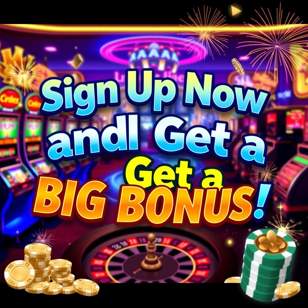 An engaging and eye-catching casino promotional graphic that boldly states 'Sign Up Now and Get a Big Bonus!' The design features a glamorous casino backdrop filled with exciting elements such as brightly lit slot machines, a roulette wheel, and glimmering casino chips