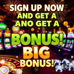 An engaging and eye-catching casino promotional graphic that boldly states 'Sign Up Now and Get a Big Bonus!' The design features a glamorous casino backdrop filled with exciting elements such as brightly lit slot machines, a roulette wheel, and glimmering casino chips