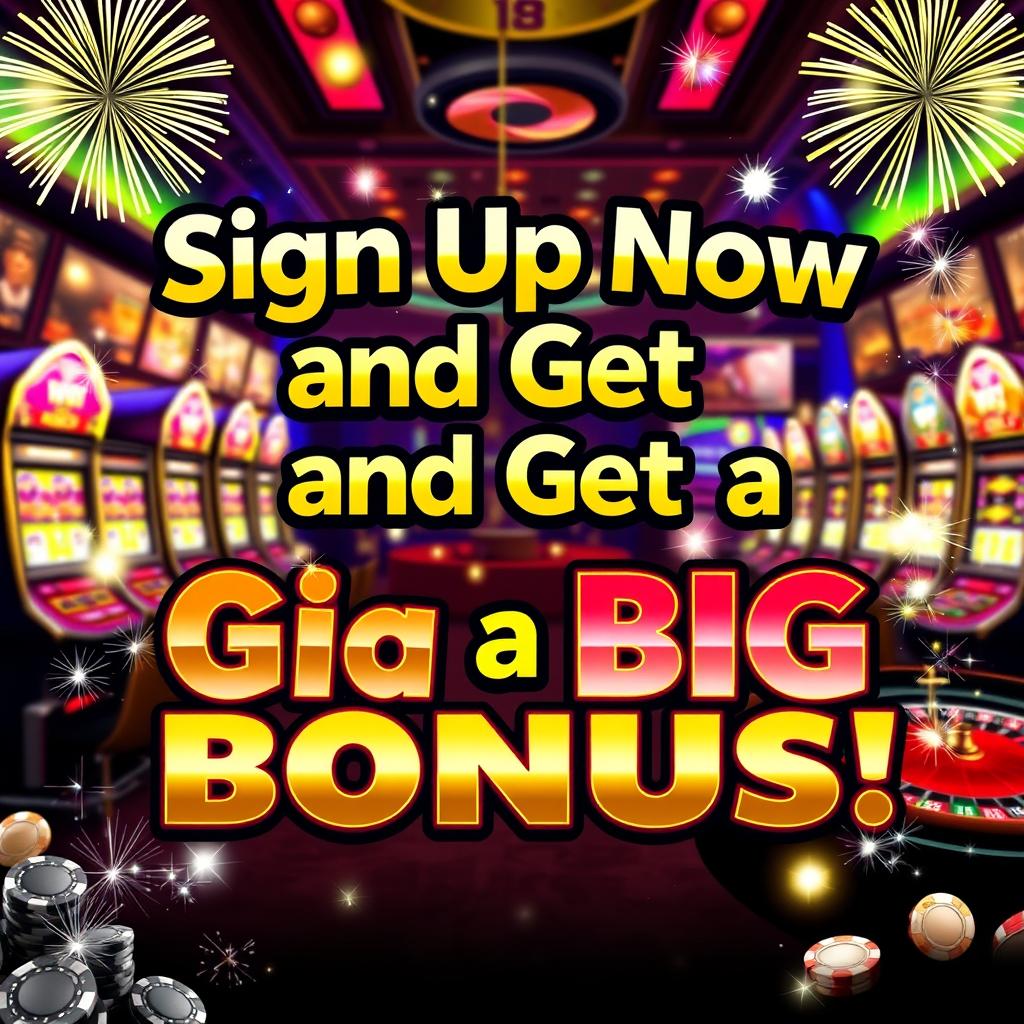 An engaging and eye-catching casino promotional graphic that boldly states 'Sign Up Now and Get a Big Bonus!' The design features a glamorous casino backdrop filled with exciting elements such as brightly lit slot machines, a roulette wheel, and glimmering casino chips