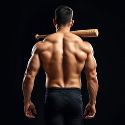 A muscular man walking away from the viewer, with his back facing the camera