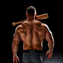 A muscular man walking away from the viewer, with his back facing the camera