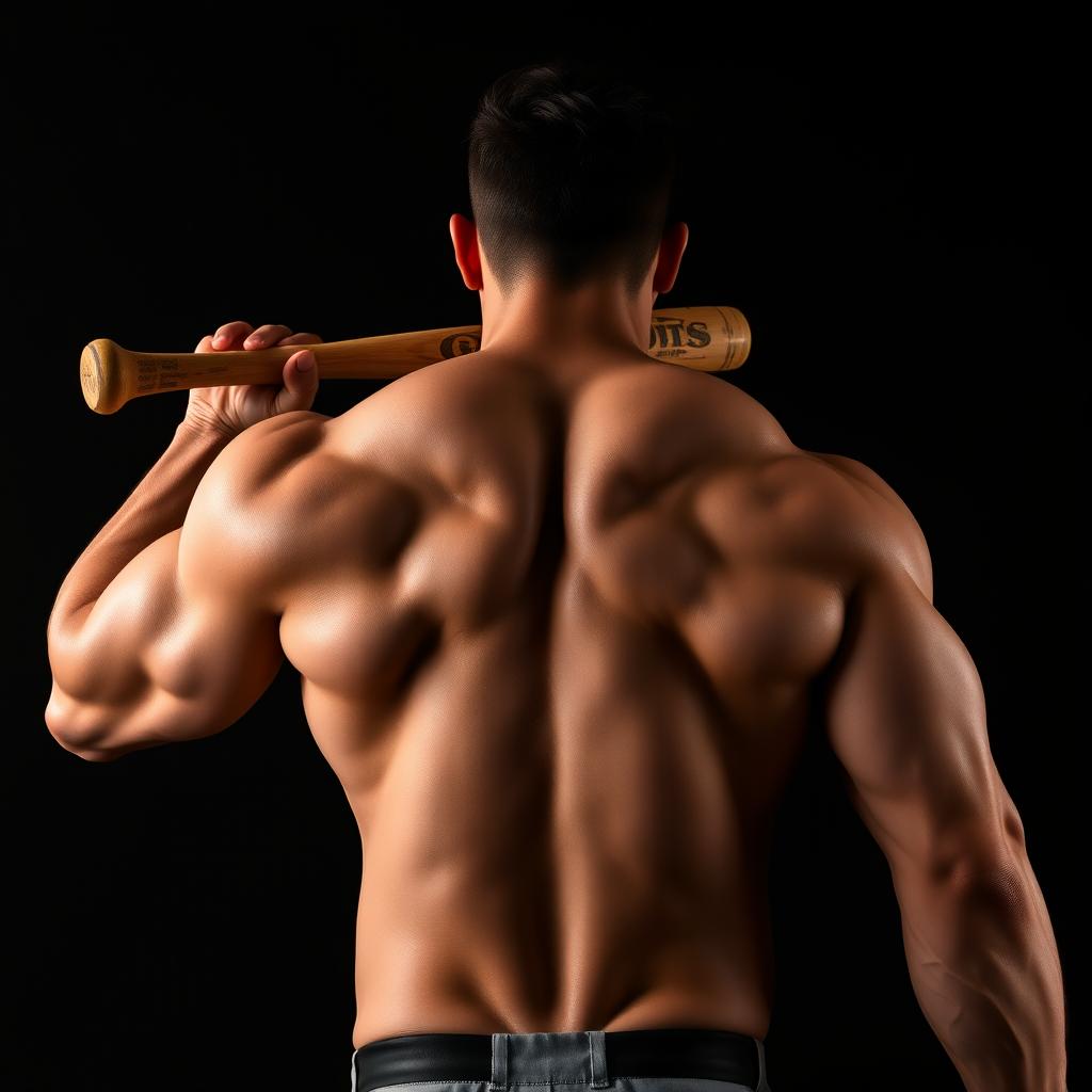 A muscular man walking away from the viewer, with his back facing the camera