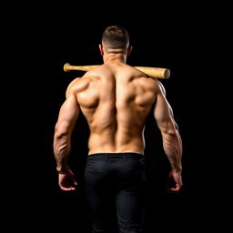 A muscular man walking away from the viewer, with his back facing the camera