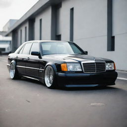 A Mercedes Benz W124 with a sleek widebody modification, shining under clear daylight.