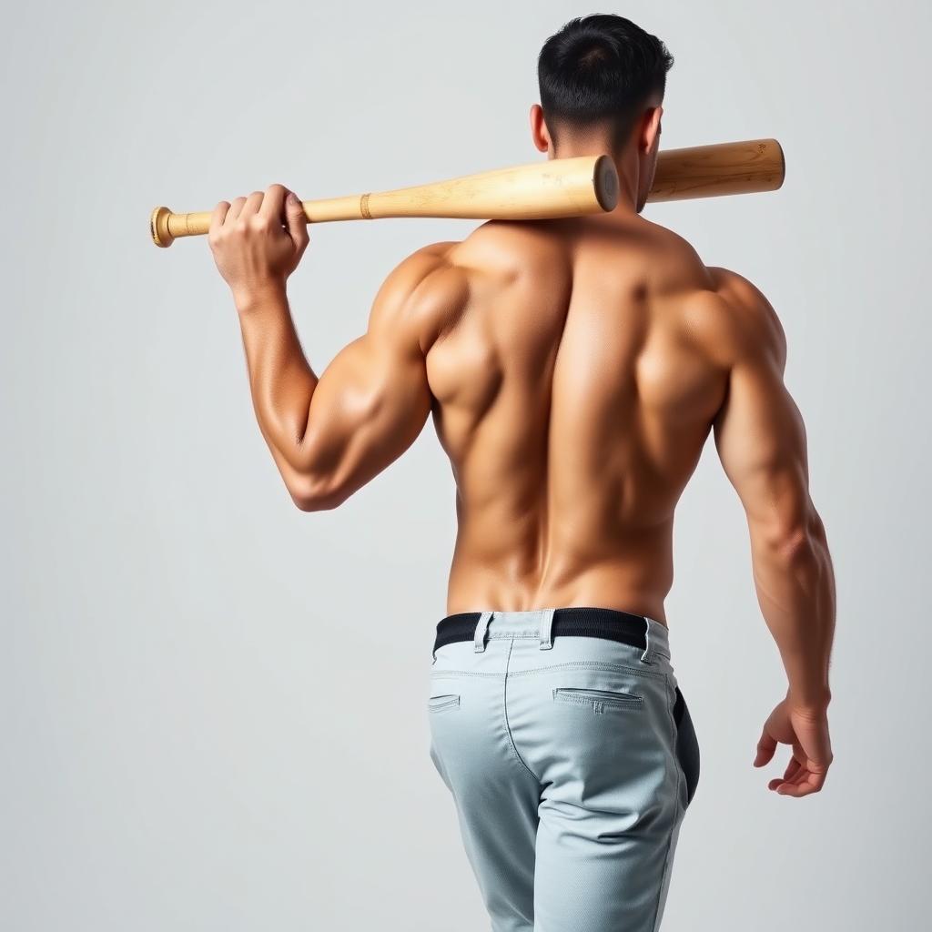 A muscular man walking away from the viewer, with his back facing the camera, showcasing his impressive physique