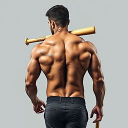 A muscular man walking away from the viewer, with his back facing the camera, showcasing his impressive physique