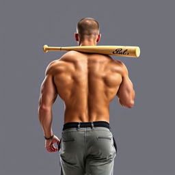 A muscular man walking away from the viewer, with his back facing the camera, showcasing his impressive physique