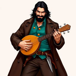 An attractive human bard with medium length thick black hair and a medium length thick black beard and moustache, hazel green eyes sparkling with a wry smile