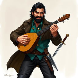 An attractive human bard with medium length thick black hair and a medium length thick black beard and moustache, hazel green eyes sparkling with a wry smile