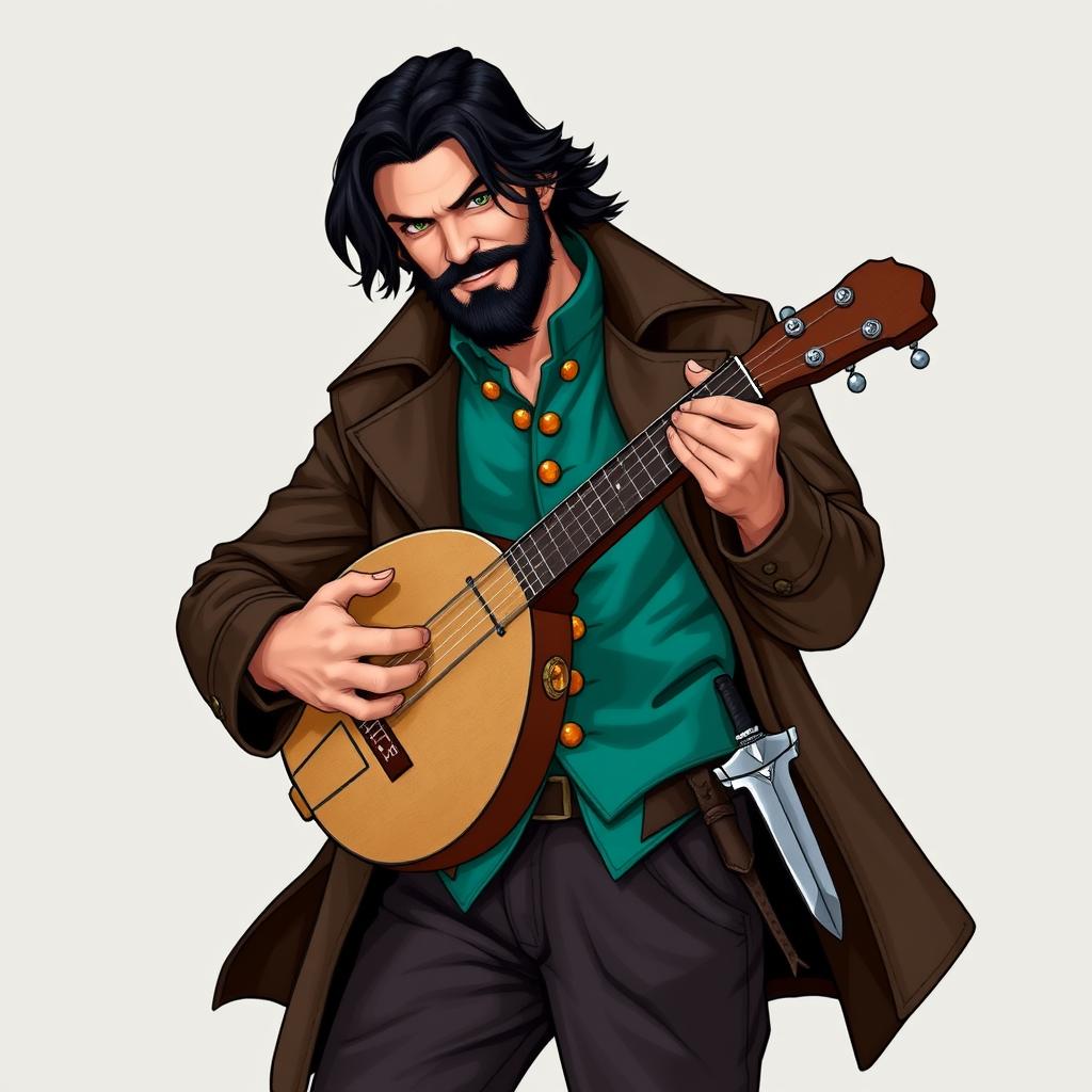 An attractive human bard with medium length thick black hair and a medium length thick black beard and moustache, hazel green eyes sparkling with a wry smile