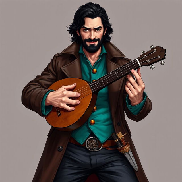 An attractive human bard with medium length thick black hair and a medium length thick black beard and moustache, hazel green eyes sparkling with a wry smile