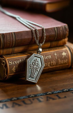 A collection of old, weathered books stacked neatly on a wooden surface, with a beautifully crafted silver pendant shaped like a coffin resting beside them