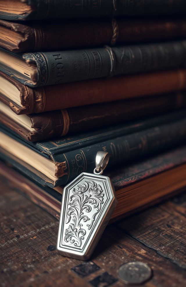 A collection of old, weathered books stacked neatly on a wooden surface, with a beautifully crafted silver pendant shaped like a coffin resting beside them